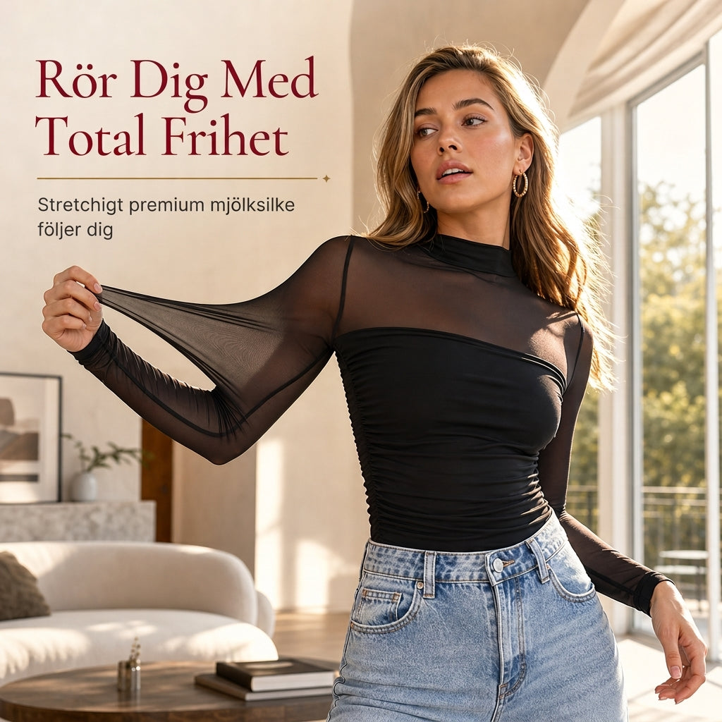 Elegant Vintage Mock Neck Spetsnäts Topp för Damer – Mjuk Passform, Klassisk Stil och Elegant Lager-På-Lager Look