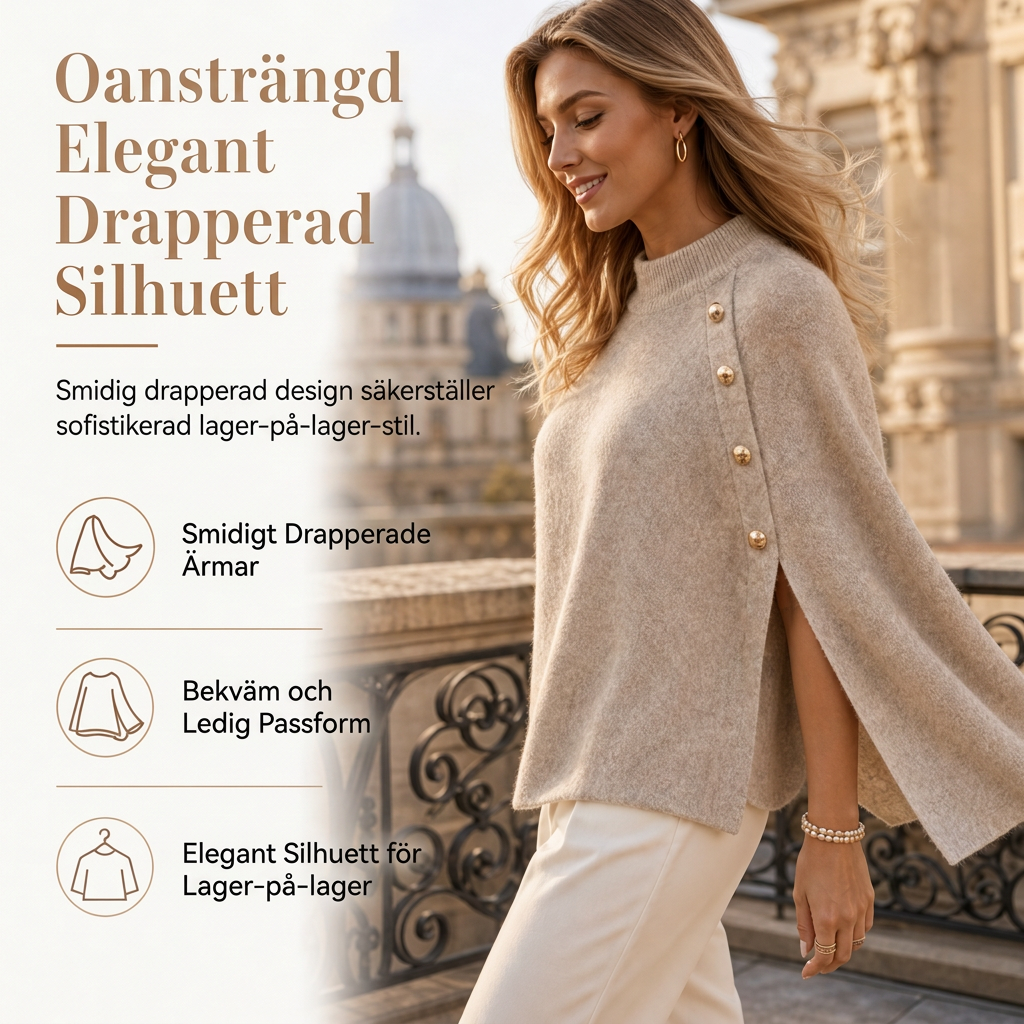 ✨ Ny kollektion 🤍 Stickad poncho-tröja med knappar för damer – elegant lager-på-lager-look, mjuk komfort och tidlös stil