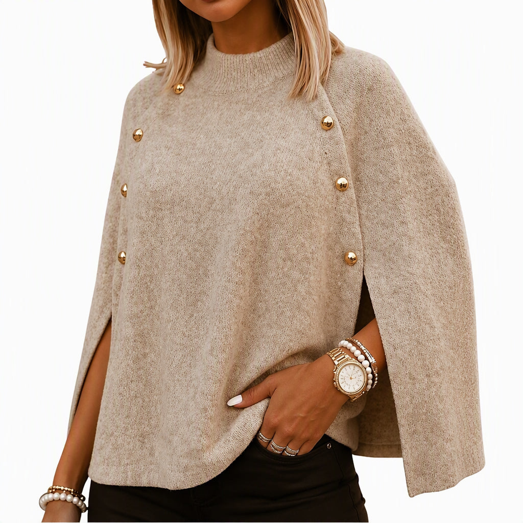 ✨ Ny kollektion 🤍 Stickad poncho-tröja med knappar för damer – elegant lager-på-lager-look, mjuk komfort och tidlös stil