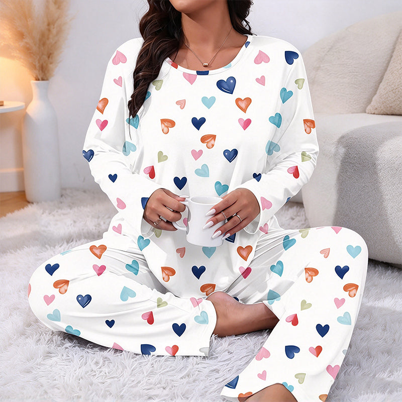 ✨Nyhet! Pyjamas-set för damer med hjärtmönster och långa ärmar