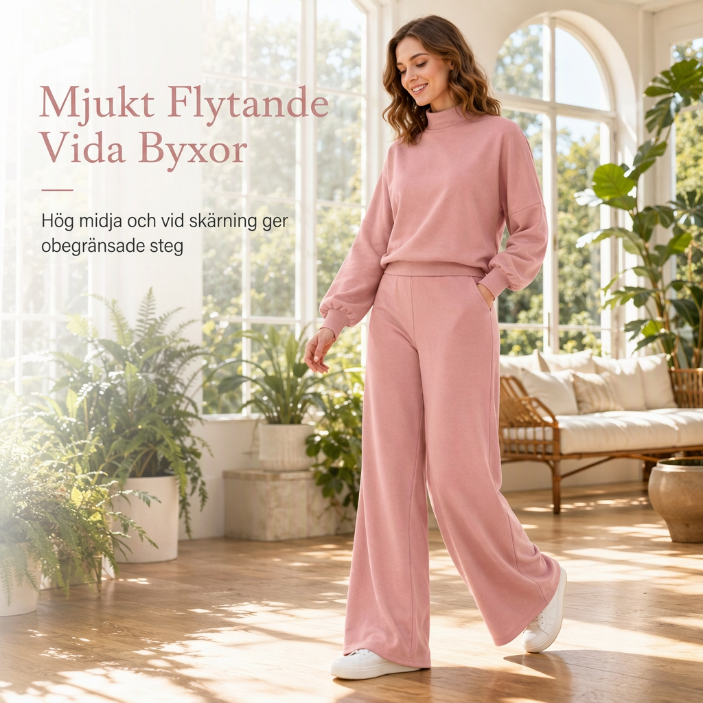 💫 Dam avslappnad tvådelad stickad loungeset med högkrage långärmad tröja och högmidje bredbyxor