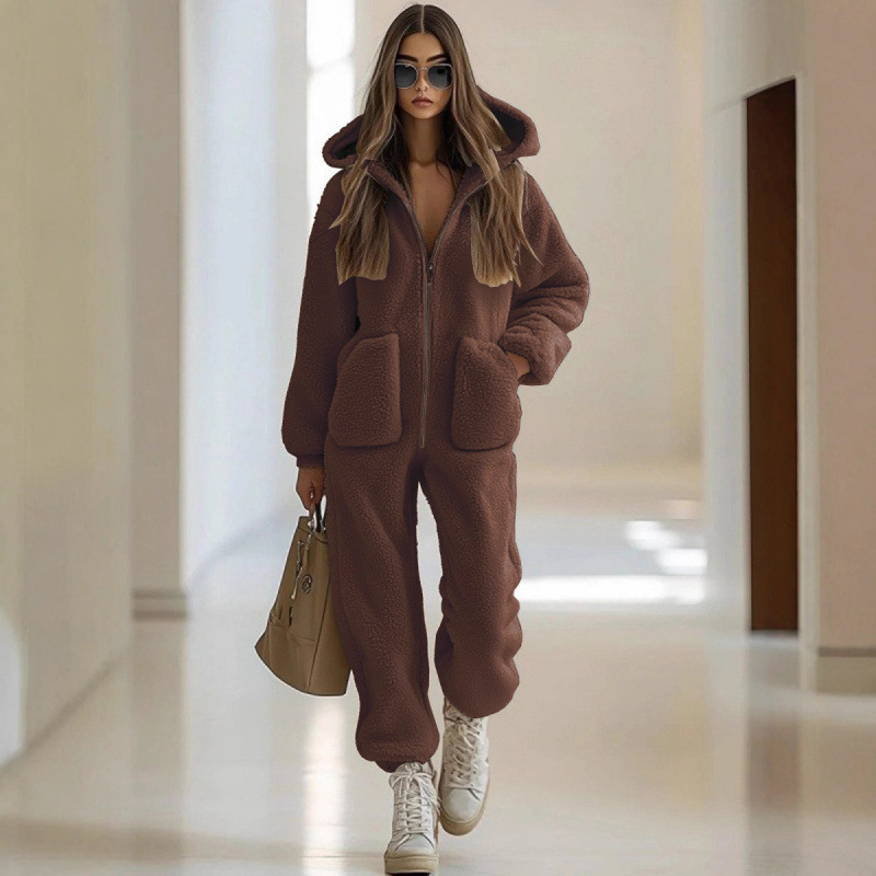 ✨ Damjumpsuit med huva och dragkedja – mjuk, varm, fickor, perfekt för höst och vinter!
