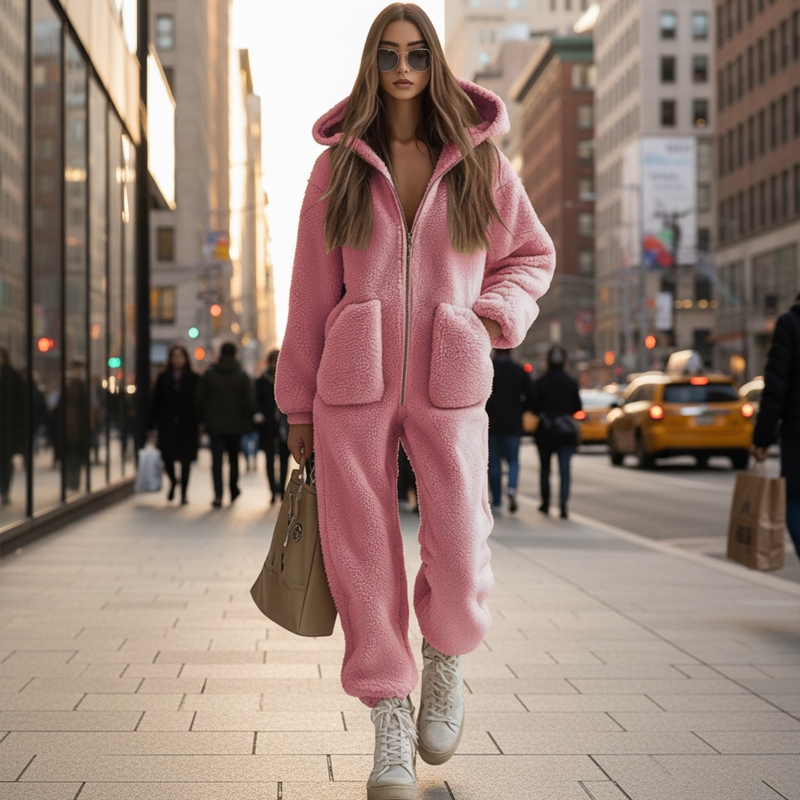 ✨ Damjumpsuit med huva och dragkedja – mjuk, varm, fickor, perfekt för höst och vinter!