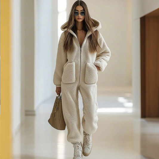 ✨ Damjumpsuit med huva och dragkedja – mjuk, varm, fickor, perfekt för höst och vinter!