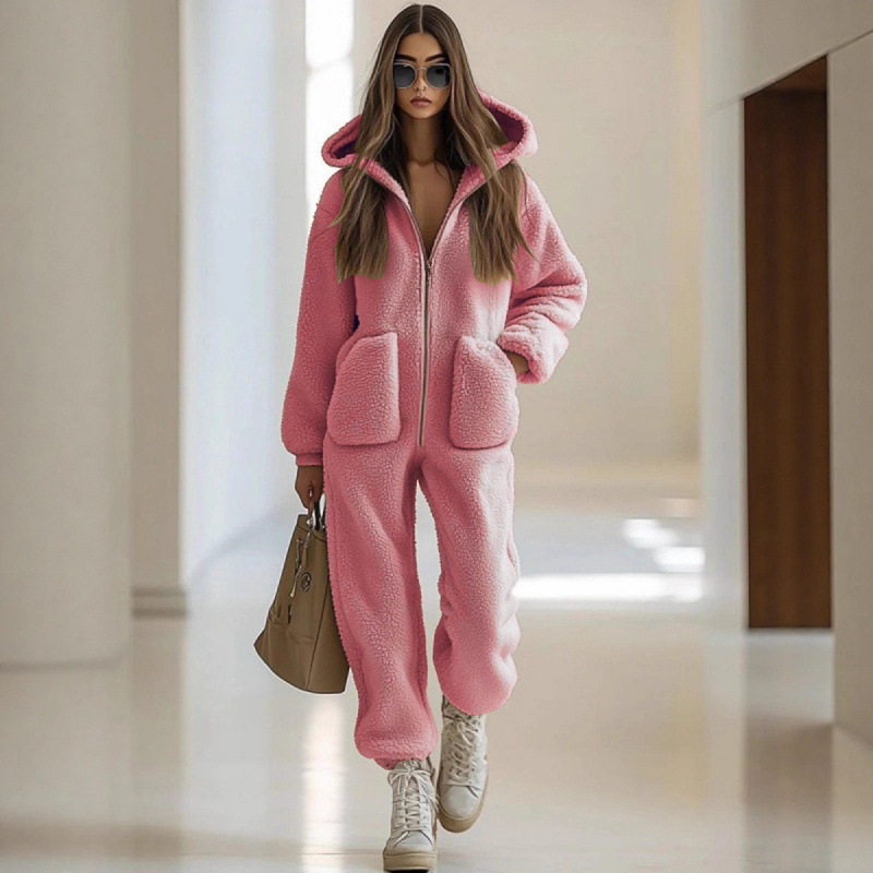 ✨ Damjumpsuit med huva och dragkedja – mjuk, varm, fickor, perfekt för höst och vinter!