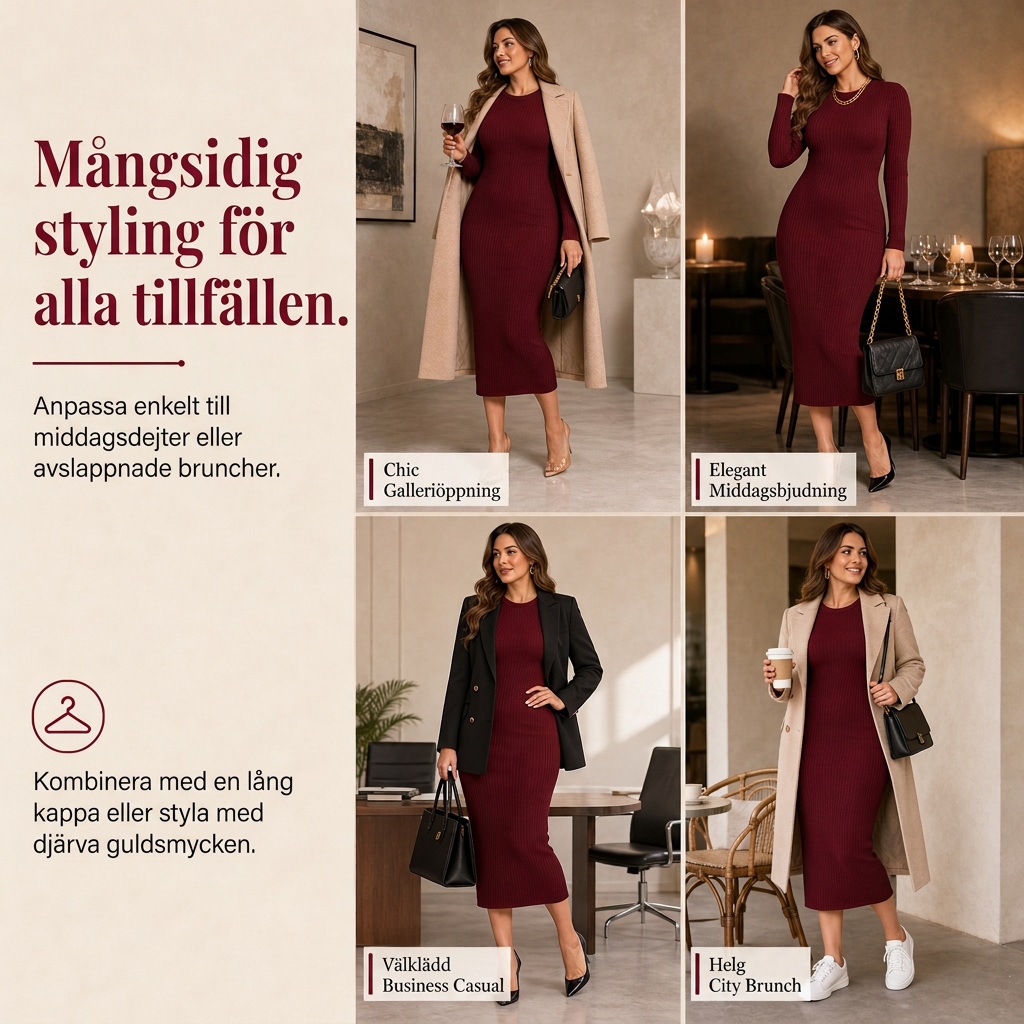 🍂 Höstens favorit ✨ Ribbstickad bodycon-maxiklänning för damer med långa ärmar och rund hals – elegant passform och bekväm stil