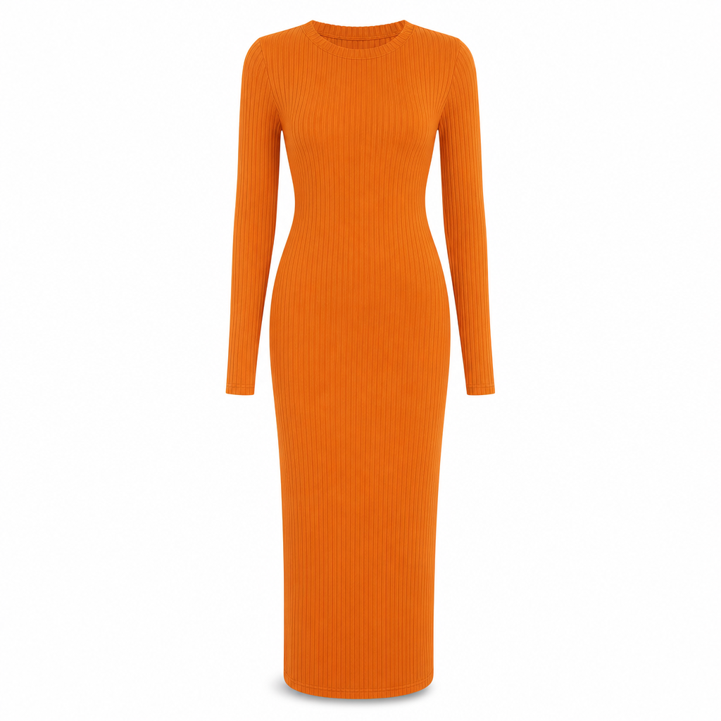 🍂 Höstens favorit ✨ Ribbstickad bodycon-maxiklänning för damer med långa ärmar och rund hals – elegant passform och bekväm stil