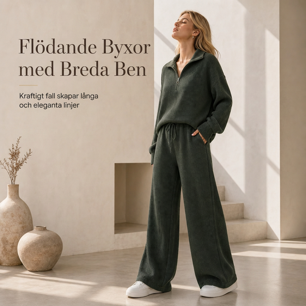Tvådelat Set i Ribbad Stickning Dam – Halv Dragkedja & Vida Ben