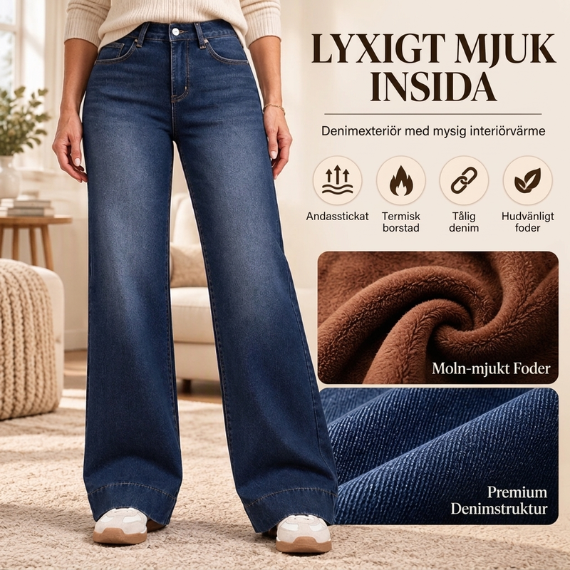 🥳Gratis frakt!🥳 Termiska damjeans med vid ben och hög midja