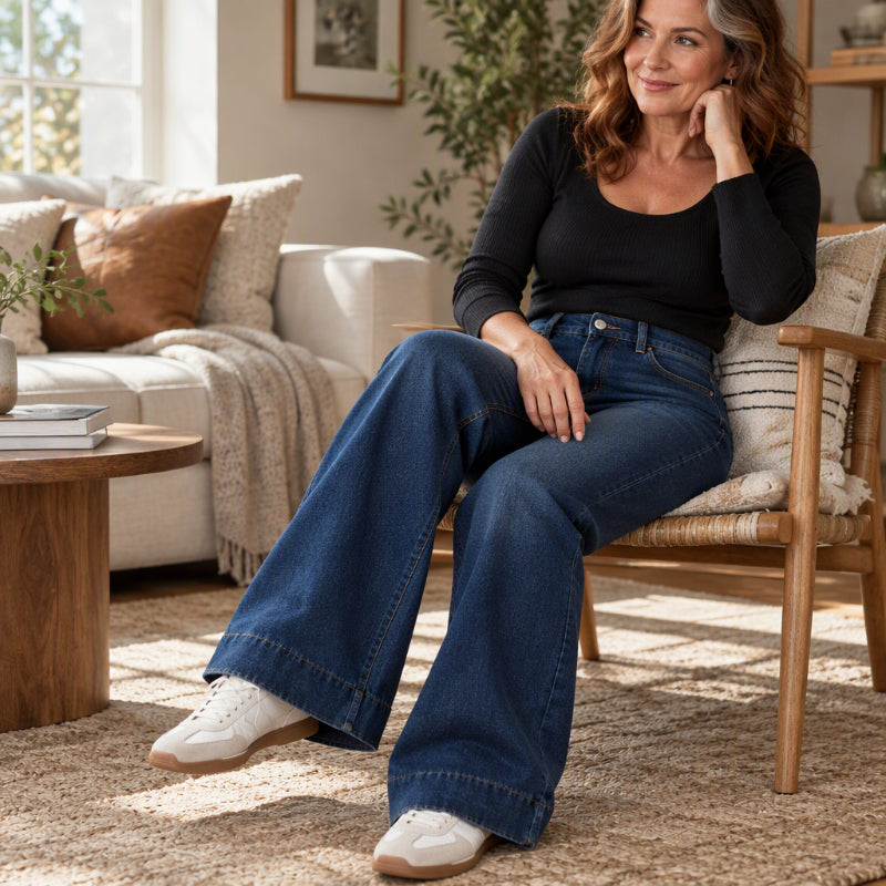 🥳Gratis frakt!🥳 Termiska damjeans med vid ben och hög midja