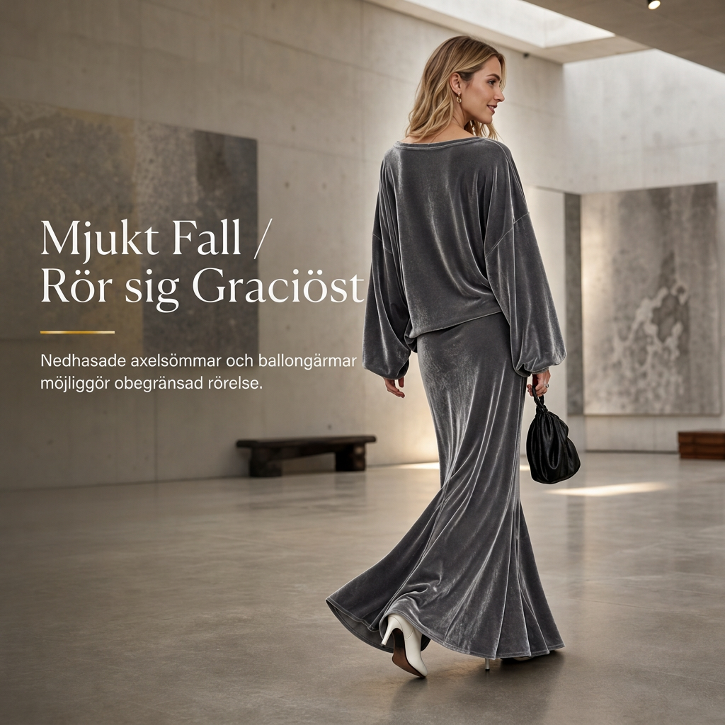 ✨ 50 % RABATT 💎 2-delat set i sammet för damer med djup V-ringning – lös tröja och elegant, utsvängd maxikjol, mjukt och stilfullt 🍂