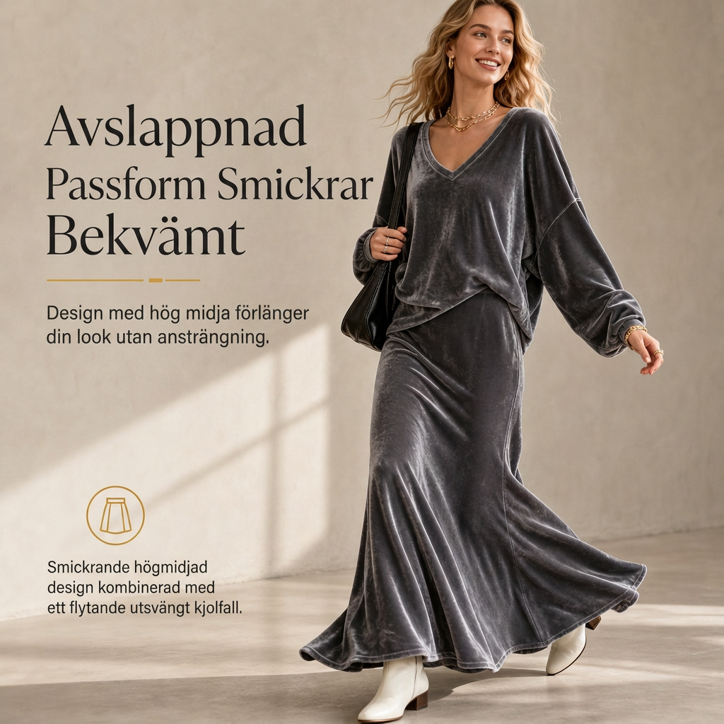 ✨ 50 % RABATT 💎 2-delat set i sammet för damer med djup V-ringning – lös tröja och elegant, utsvängd maxikjol, mjukt och stilfullt 🍂