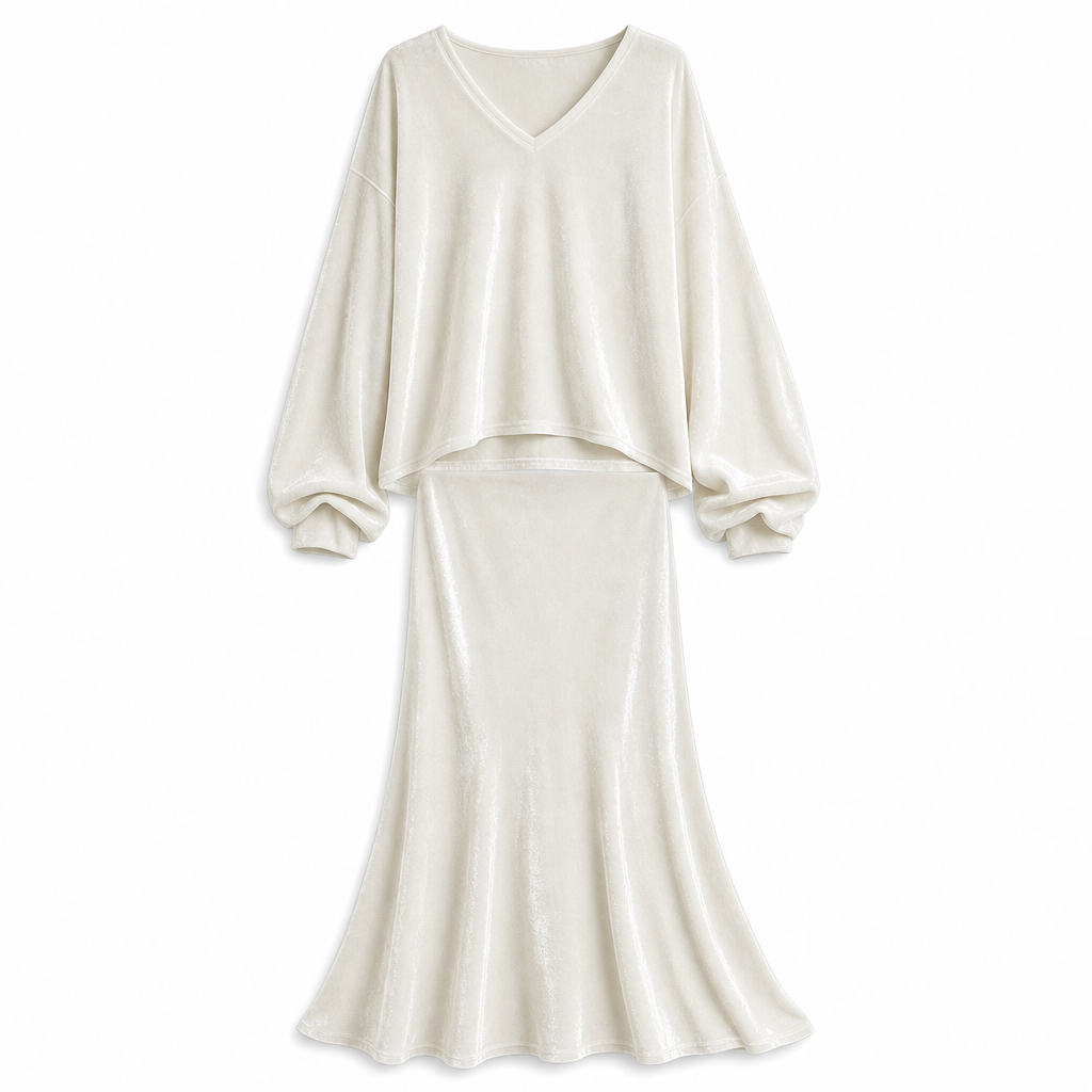 ✨ 50 % RABATT 💎 2-delat set i sammet för damer med djup V-ringning – lös tröja och elegant, utsvängd maxikjol, mjukt och stilfullt 🍂