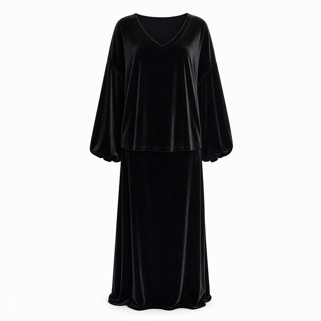 ✨ 50 % RABATT 💎 2-delat set i sammet för damer med djup V-ringning – lös tröja och elegant, utsvängd maxikjol, mjukt och stilfullt 🍂