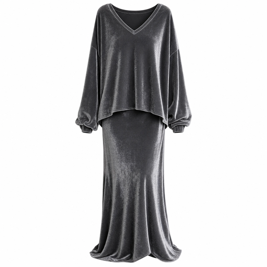✨ 50 % RABATT 💎 2-delat set i sammet för damer med djup V-ringning – lös tröja och elegant, utsvängd maxikjol, mjukt och stilfullt 🍂