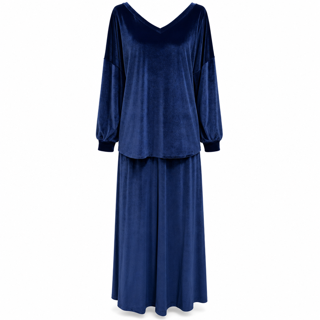 ✨ 50 % RABATT 💎 2-delat set i sammet för damer med djup V-ringning – lös tröja och elegant, utsvängd maxikjol, mjukt och stilfullt 🍂