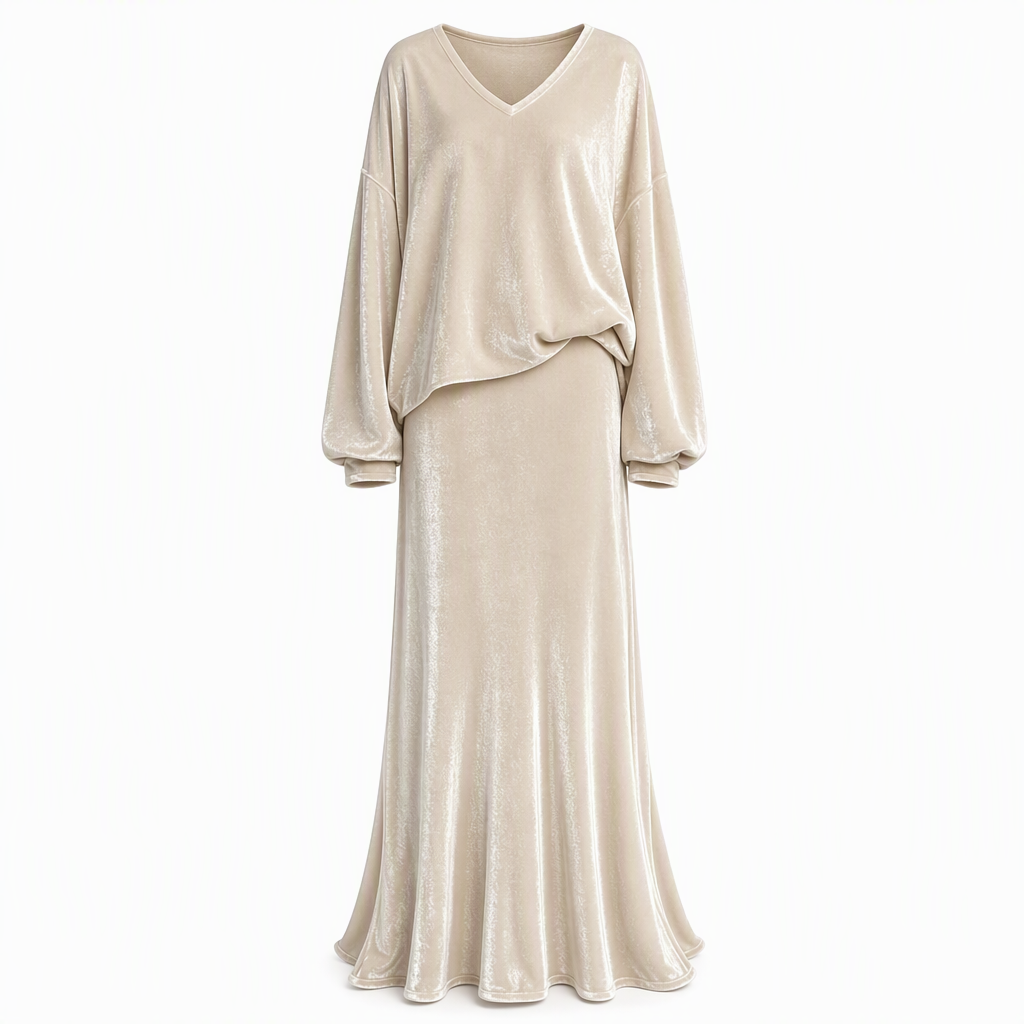 ✨ 50 % RABATT 💎 2-delat set i sammet för damer med djup V-ringning – lös tröja och elegant, utsvängd maxikjol, mjukt och stilfullt 🍂