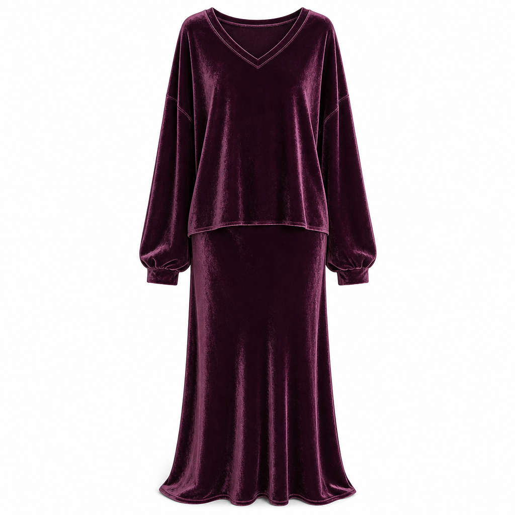 ✨ 50 % RABATT 💎 2-delat set i sammet för damer med djup V-ringning – lös tröja och elegant, utsvängd maxikjol, mjukt och stilfullt 🍂