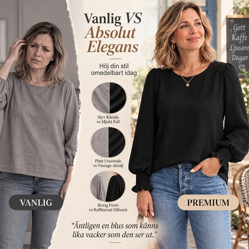 👚 Elegant rundhalsad topp för kvinnor med smockade ärmmuddar – mjuk, bekväm, mångsidig, perfekt för vardag och fest! ✨.