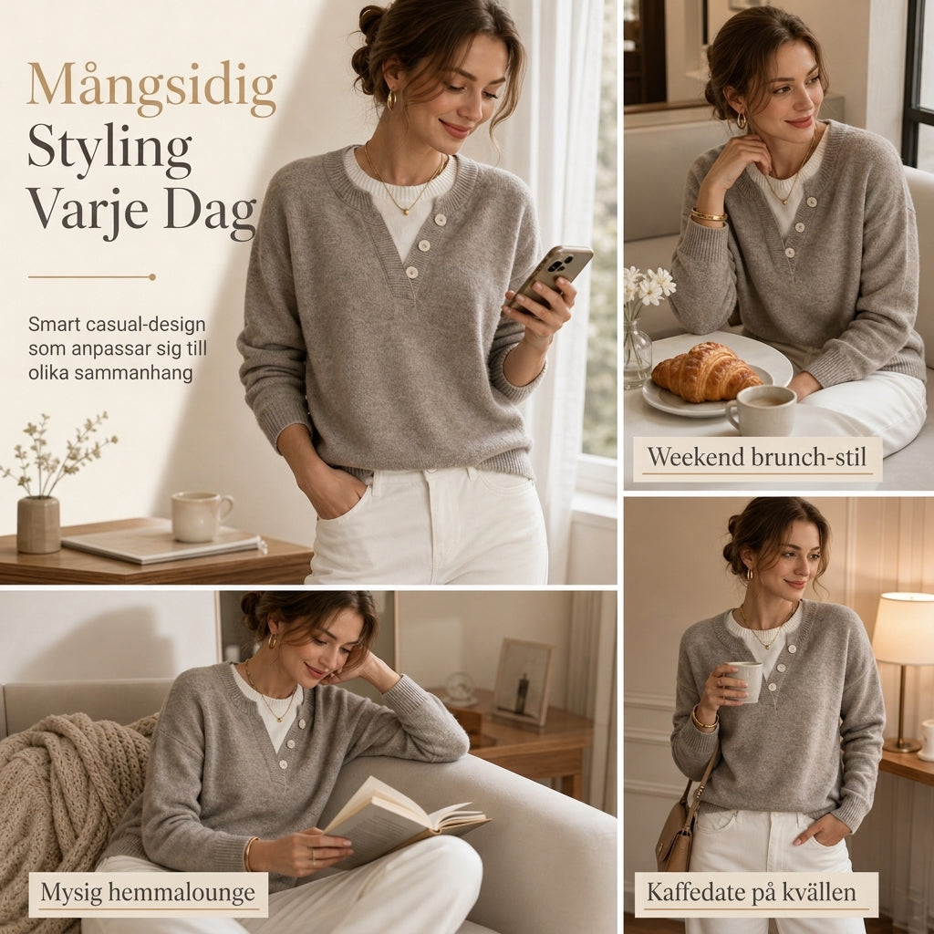 👚 Mjuk Stickad Tröja för Dam med V-ringning, Knappslå och Lager-på-lager-look