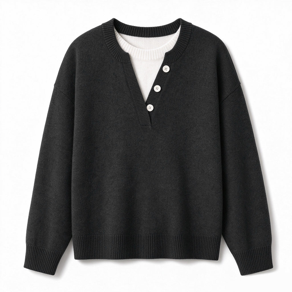 👚 Mjuk Stickad Tröja för Dam med V-ringning, Knappslå och Lager-på-lager-look