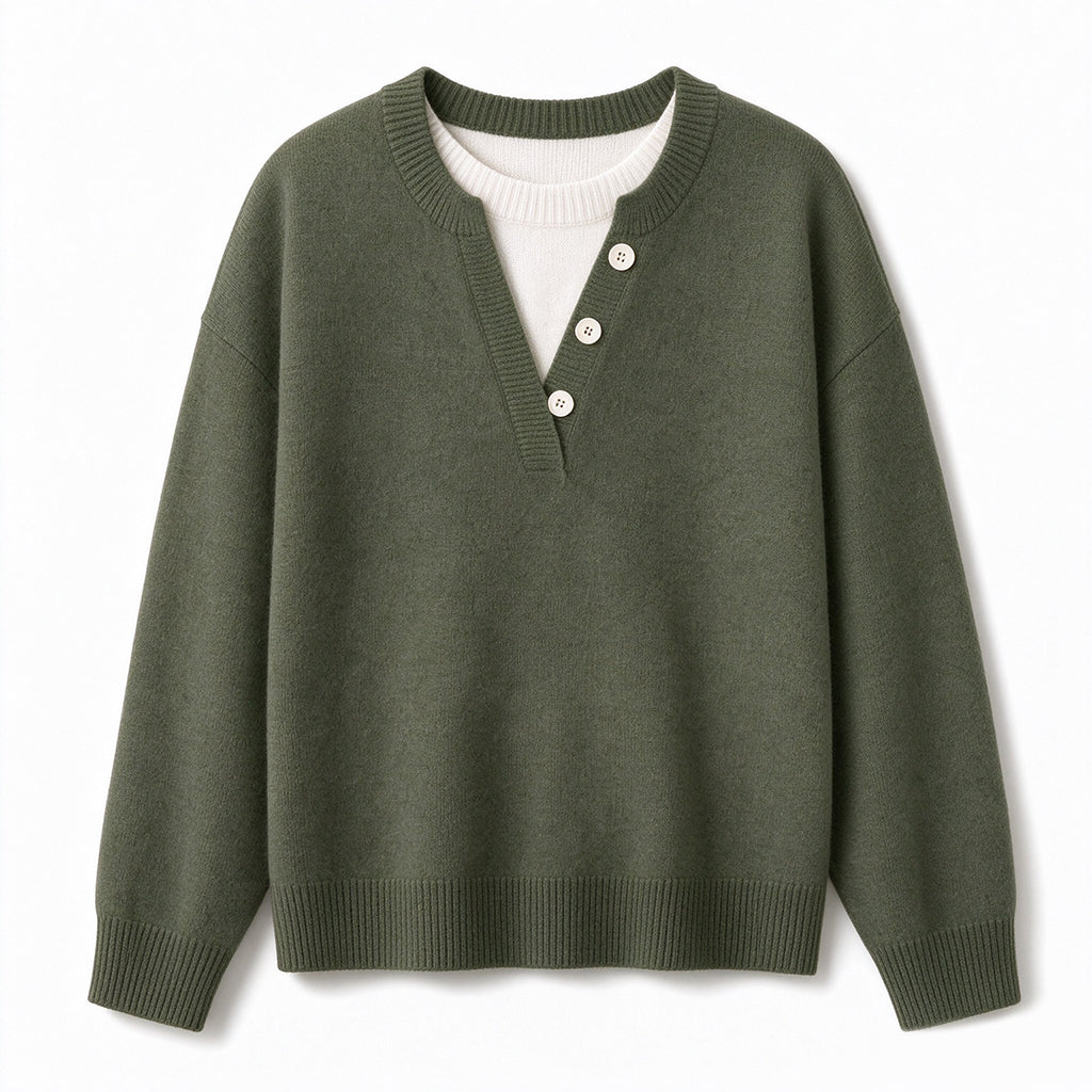 👚 Mjuk Stickad Tröja för Dam med V-ringning, Knappslå och Lager-på-lager-look