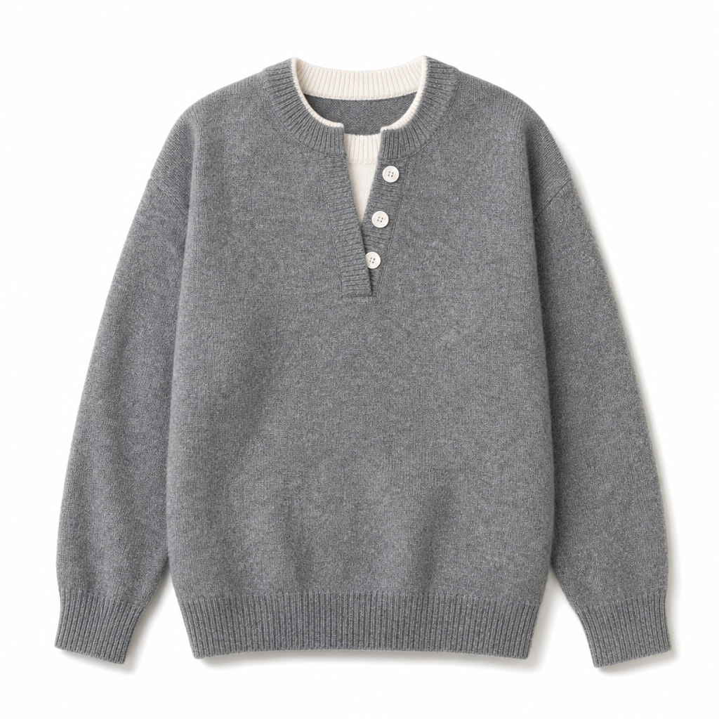 👚 Mjuk Stickad Tröja för Dam med V-ringning, Knappslå och Lager-på-lager-look