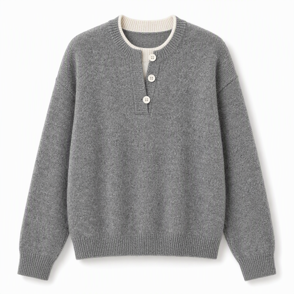 👚 Mjuk Stickad Tröja för Dam med V-ringning, Knappslå och Lager-på-lager-look