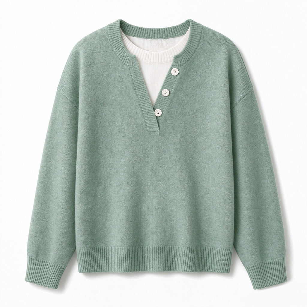 👚 Mjuk Stickad Tröja för Dam med V-ringning, Knappslå och Lager-på-lager-look