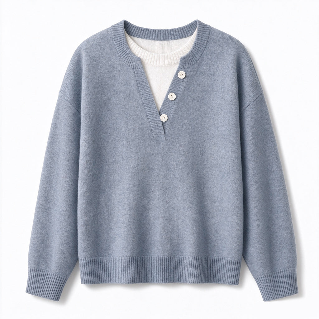 👚 Mjuk Stickad Tröja för Dam med V-ringning, Knappslå och Lager-på-lager-look