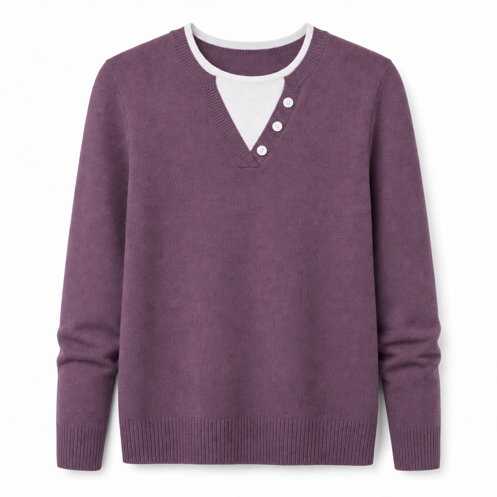 👚 Mjuk Stickad Tröja för Dam med V-ringning, Knappslå och Lager-på-lager-look