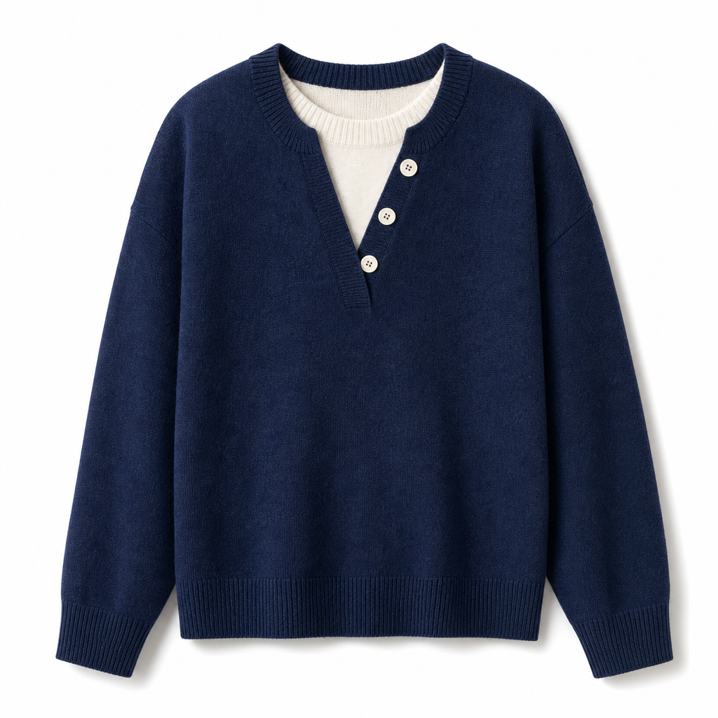👚 Mjuk Stickad Tröja för Dam med V-ringning, Knappslå och Lager-på-lager-look