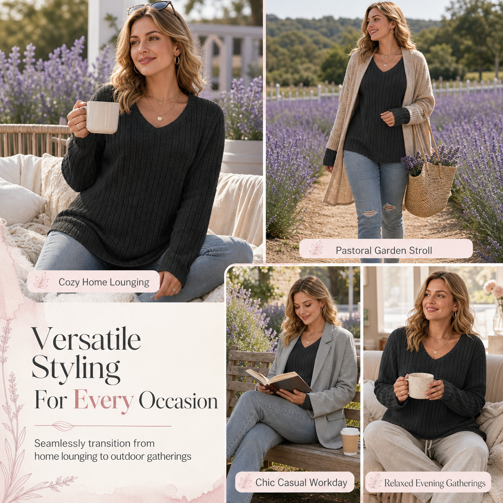 ✨T-shirt i ribbstickad, borstad trikå för dam med stora storlekar, V-ringning, långa ärmar, lös modell, enfärgad överdel med rund hals