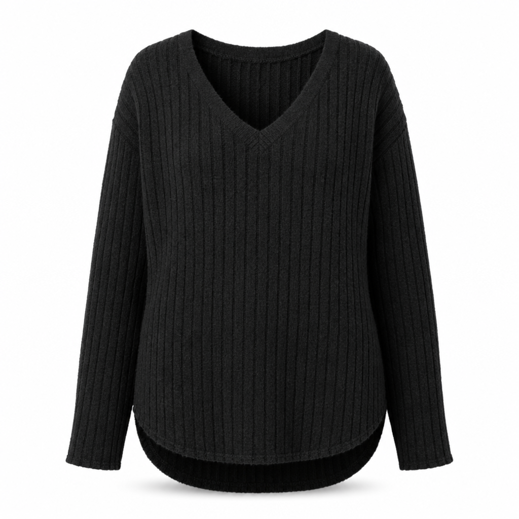 ✨T-shirt i ribbstickad, borstad trikå för dam med stora storlekar, V-ringning, långa ärmar, lös modell, enfärgad överdel med rund hals