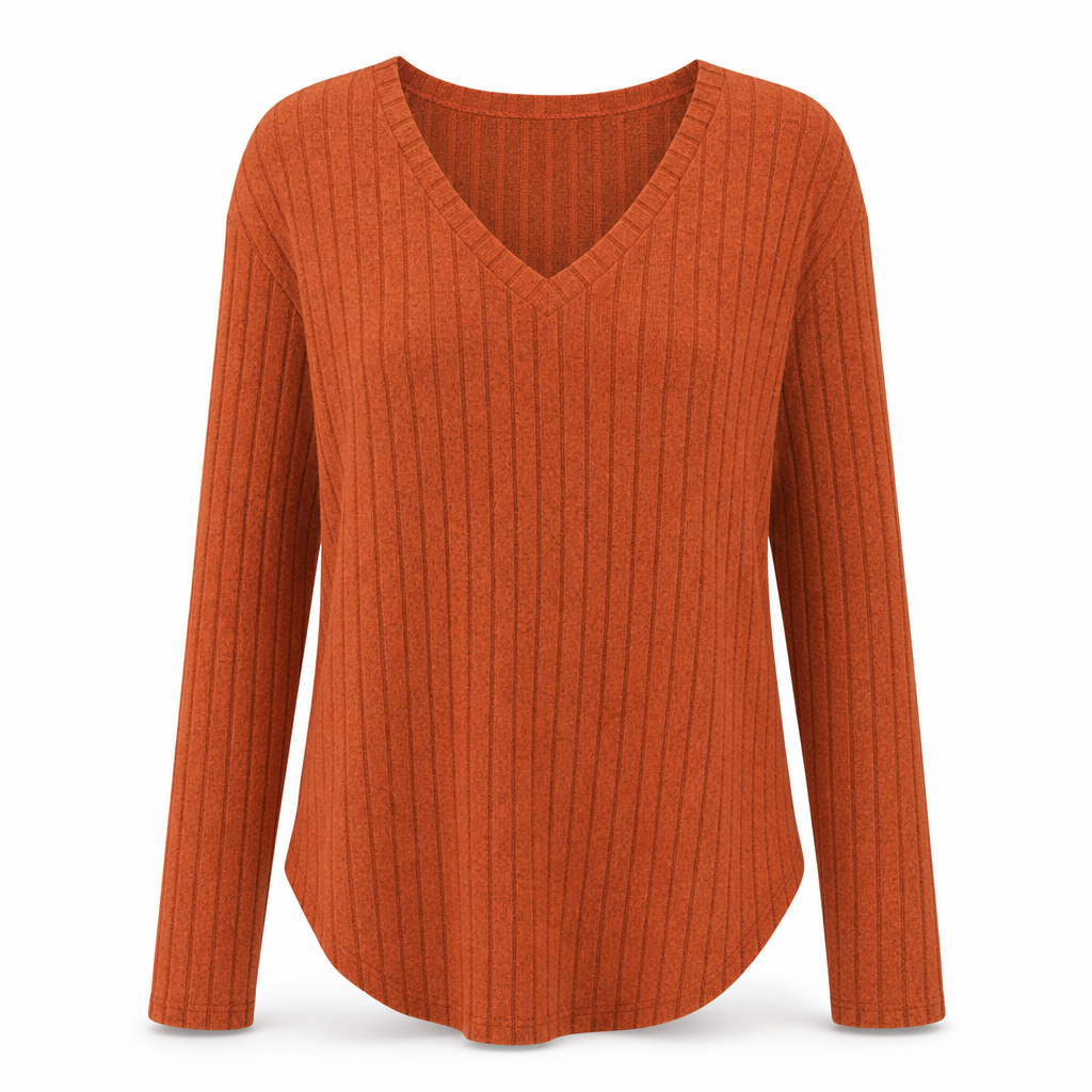 ✨T-shirt i ribbstickad, borstad trikå för dam med stora storlekar, V-ringning, långa ärmar, lös modell, enfärgad överdel med rund hals