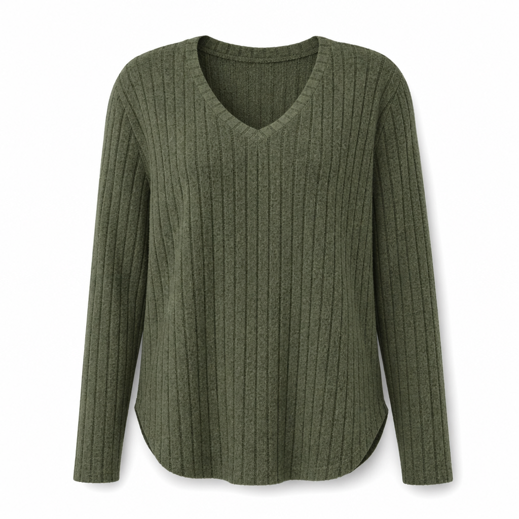 ✨T-shirt i ribbstickad, borstad trikå för dam med stora storlekar, V-ringning, långa ärmar, lös modell, enfärgad överdel med rund hals