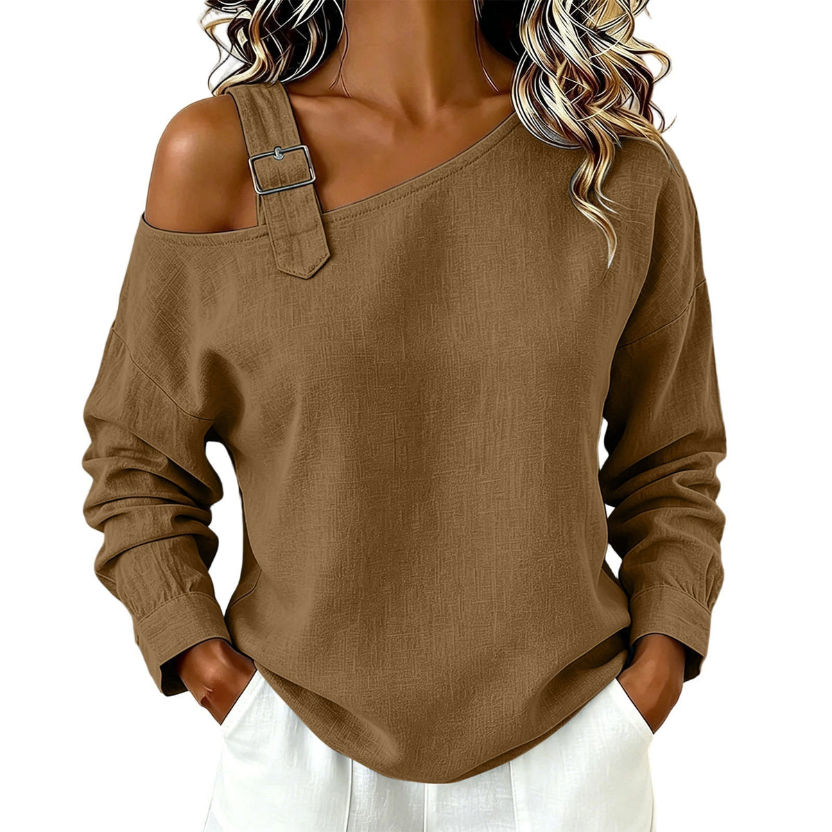 ✨Asymmetrisk design, unik & snygg – Dam en-axel linne-topp ✨