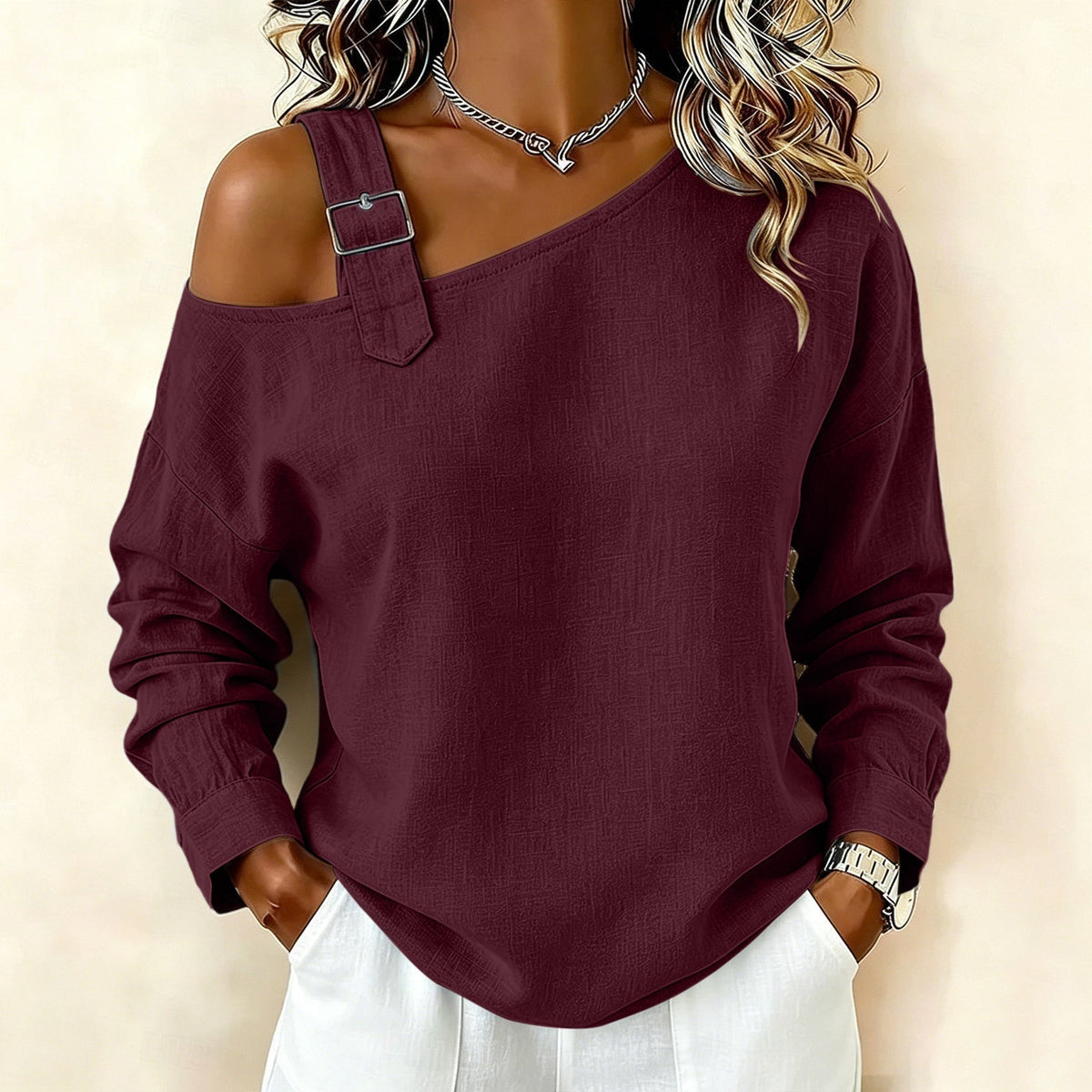 ✨Asymmetrisk design, unik & snygg – Dam en-axel linne-topp ✨