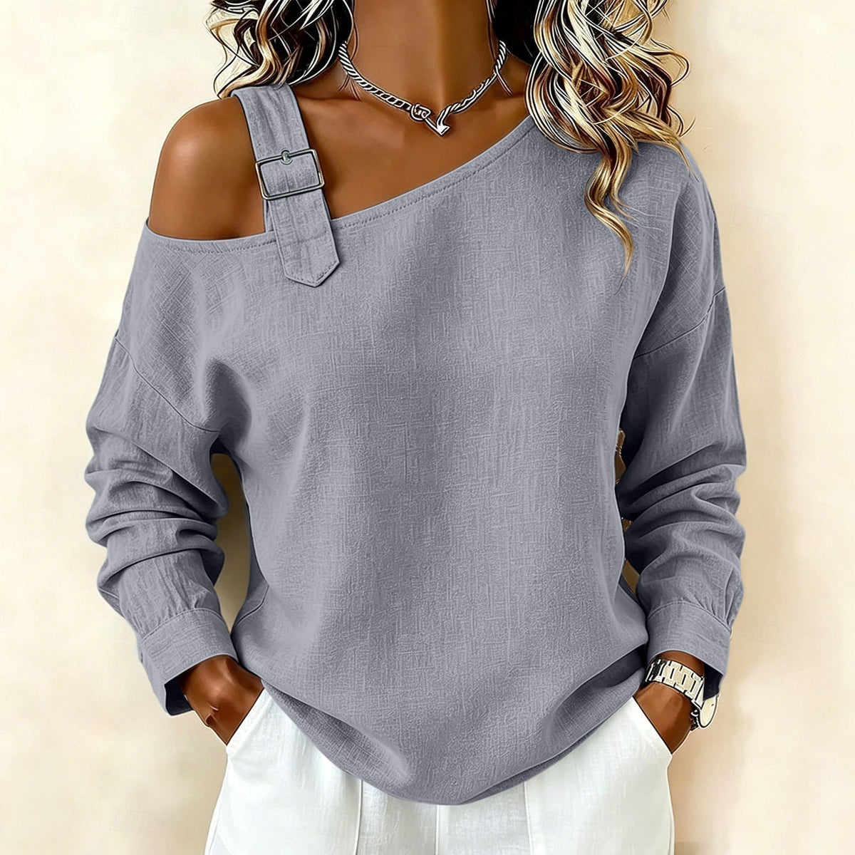 ✨Asymmetrisk design, unik & snygg – Dam en-axel linne-topp ✨