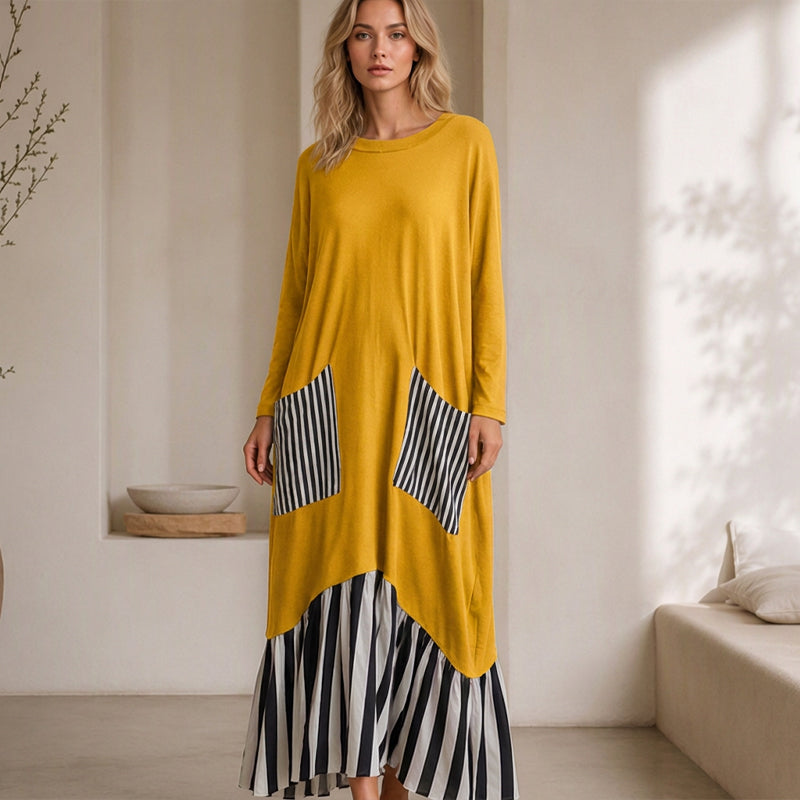 ⏰ Sista dagen i rean – 50 % RABATT ✨Lång maxiklänning med långa ärmar i patchwork med ränder för damer