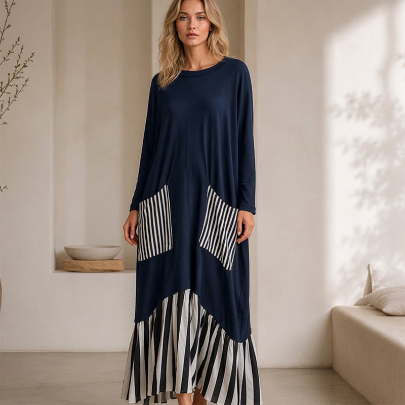 ⏰ Sista dagen i rean – 50 % RABATT ✨Lång maxiklänning med långa ärmar i patchwork med ränder för damer