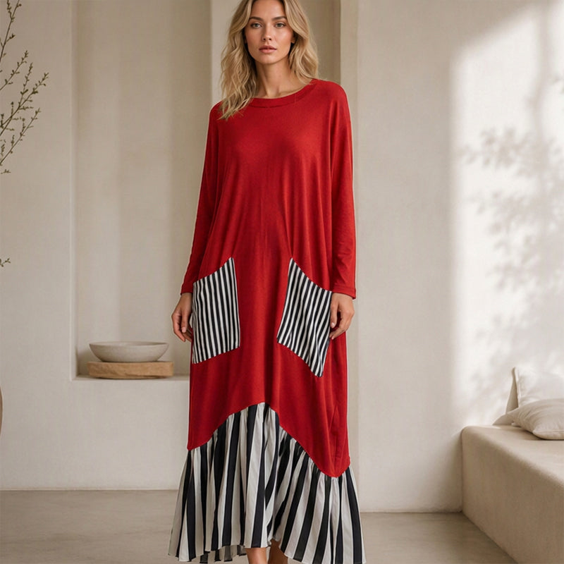 ⏰ Sista dagen i rean – 50 % RABATT ✨Lång maxiklänning med långa ärmar i patchwork med ränder för damer