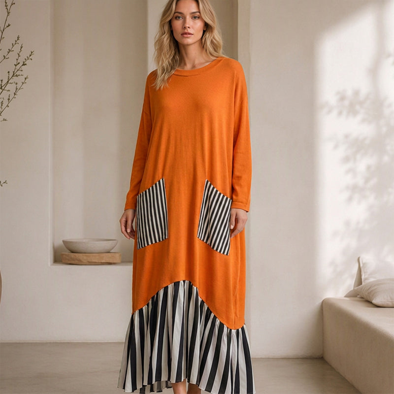 ⏰ Sista dagen i rean – 50 % RABATT ✨Lång maxiklänning med långa ärmar i patchwork med ränder för damer