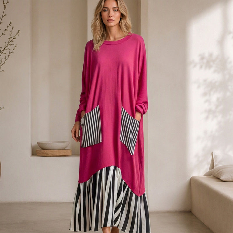 ⏰ Sista dagen i rean – 50 % RABATT ✨Lång maxiklänning med långa ärmar i patchwork med ränder för damer