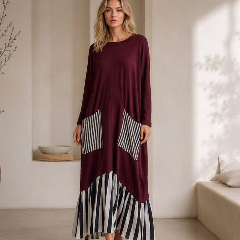 ⏰ Sista dagen i rean – 50 % RABATT ✨Lång maxiklänning med långa ärmar i patchwork med ränder för damer