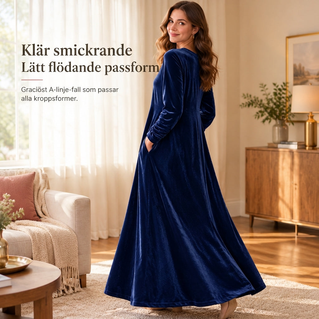 ✨ Avslappnad damklänning i sammet med rund halsringning och fickor: enkel att bära till vardags 👗