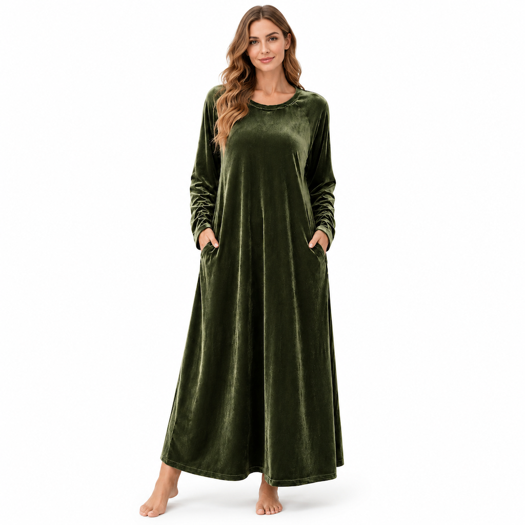 ✨ Avslappnad damklänning i sammet med rund halsringning och fickor: enkel att bära till vardags 👗