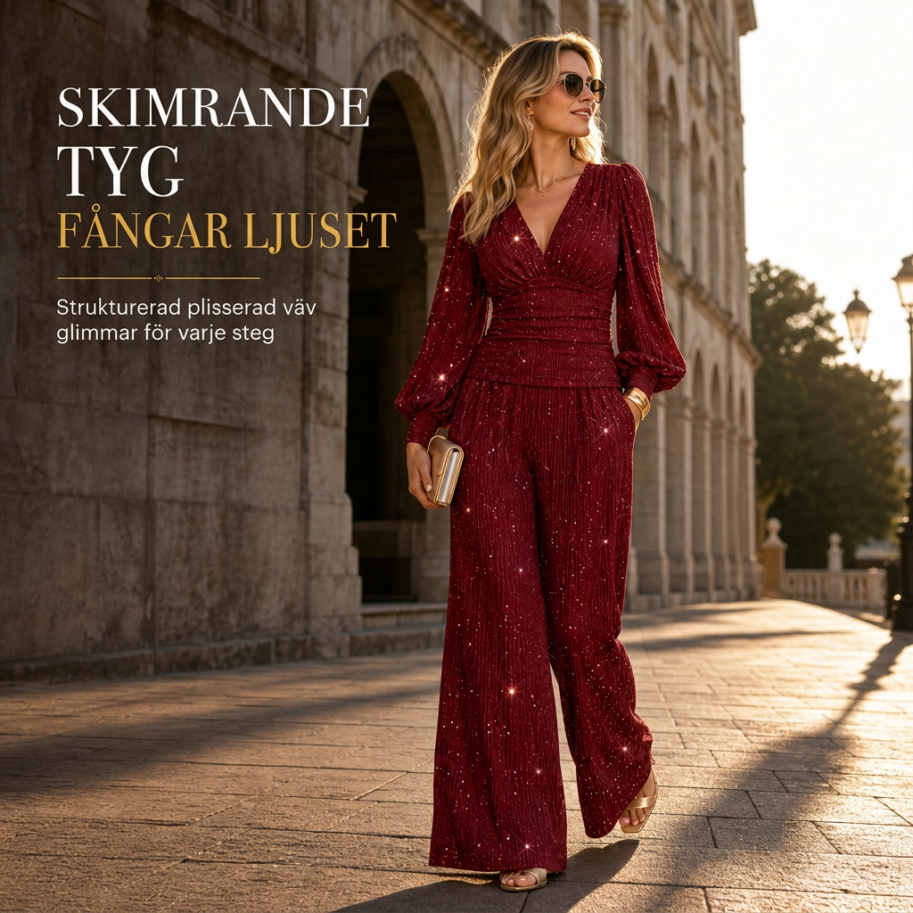 Tvdelad Outfit fr Kvinnor Hst Vinter Djup V-ringad Krage Lanternrmig Plisserad Topp och Byxor med Vida Ben med Fickor