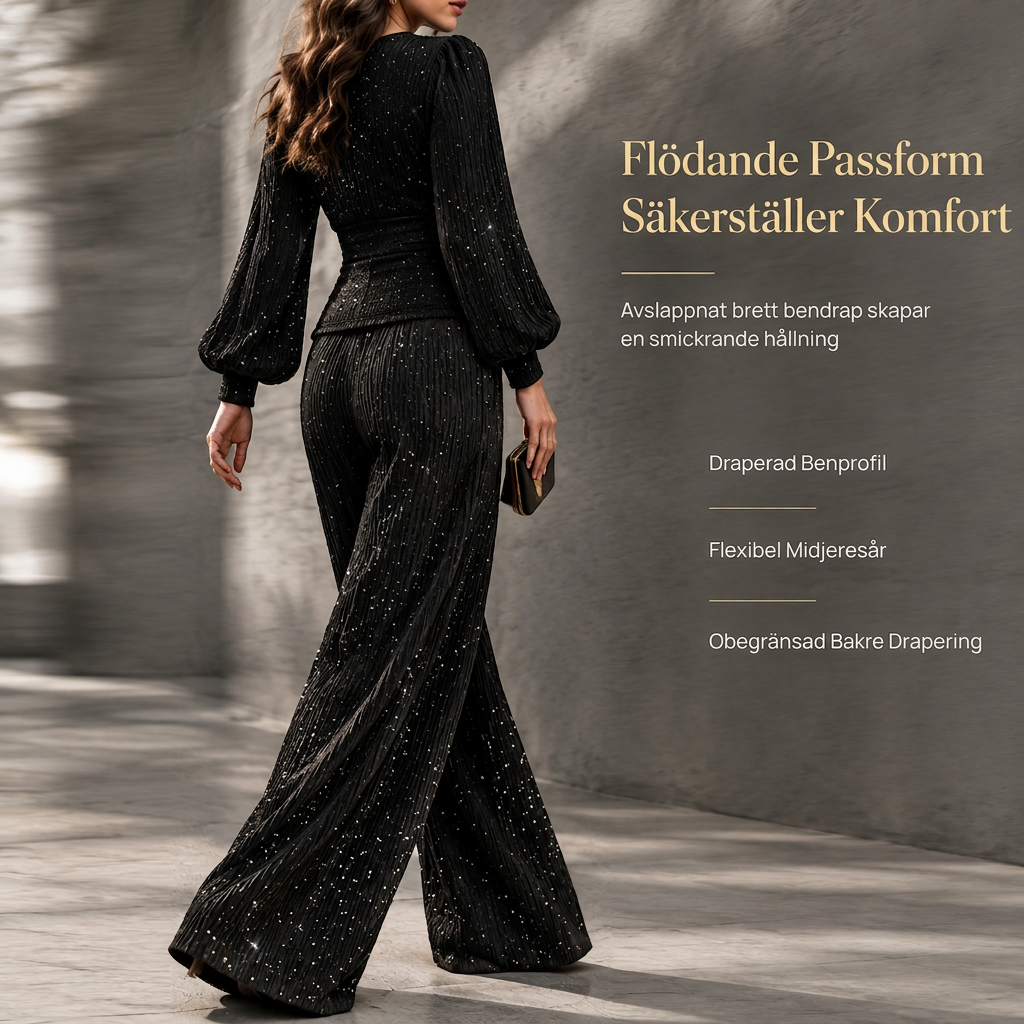 Tvdelad Outfit fr Kvinnor Hst Vinter Djup V-ringad Krage Lanternrmig Plisserad Topp och Byxor med Vida Ben med Fickor