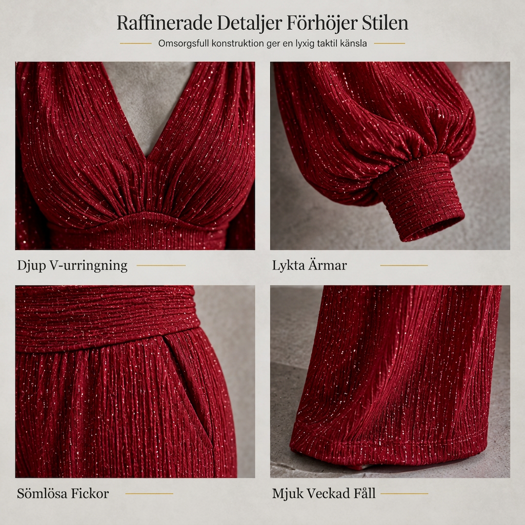 Tvdelad Outfit fr Kvinnor Hst Vinter Djup V-ringad Krage Lanternrmig Plisserad Topp och Byxor med Vida Ben med Fickor